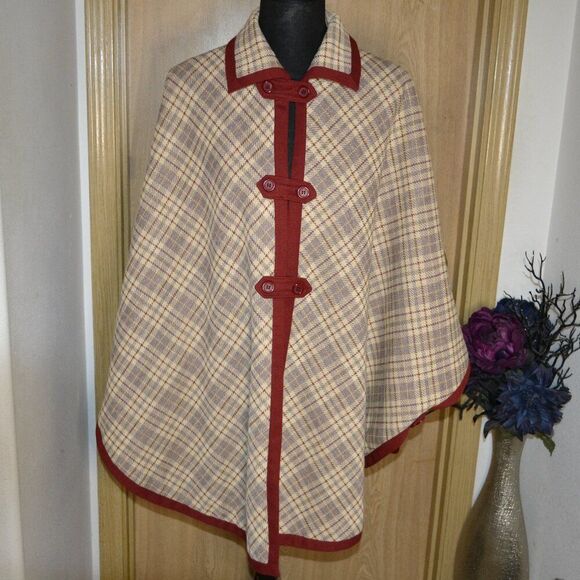 Butte Knit Red Beige Tan Plaid Casual Cozy Cottage Core Prairie Winter Poncho - Picture 12 of 12